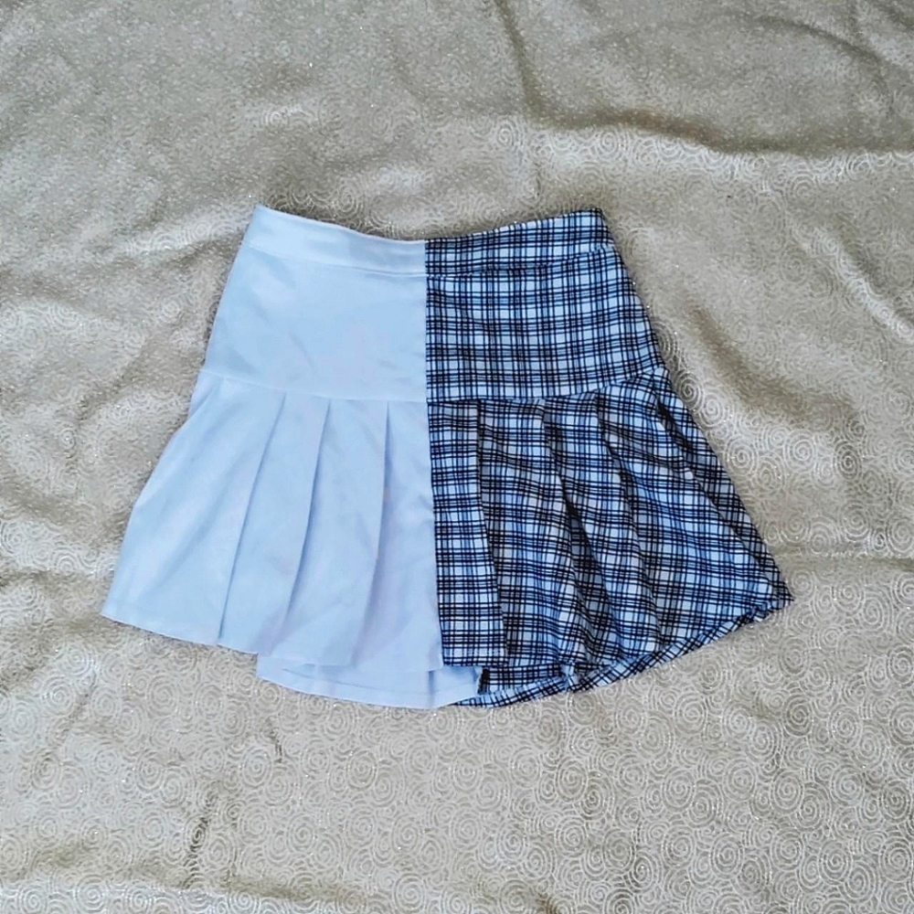 Split Pattern Black and White Plaid Tennis Skirt